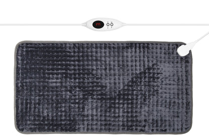 Stor varmepude 85x45 cm, rektangulær, mørkegrå med tekstur og hvid controller med knapper og digitalt display.
