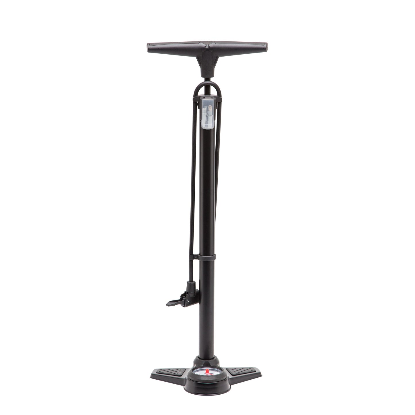 Luxorparts cykelpumpe med trykmåler, T-håndtag, lodret cylinder og slange med sideventil, til racercykel/Presta.