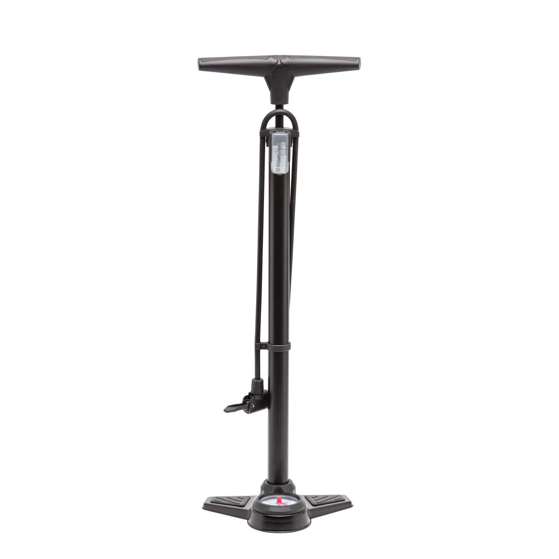 Luxorparts cykelpumpe med trykmåler, T-håndtag, lodret cylinder og slange med sideventil, til racercykel/Presta.