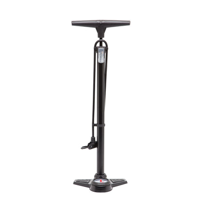 Luxorparts cykelpumpe med trykmåler, T-håndtag, lodret cylinder og slange med sideventil, til racercykel/Presta.