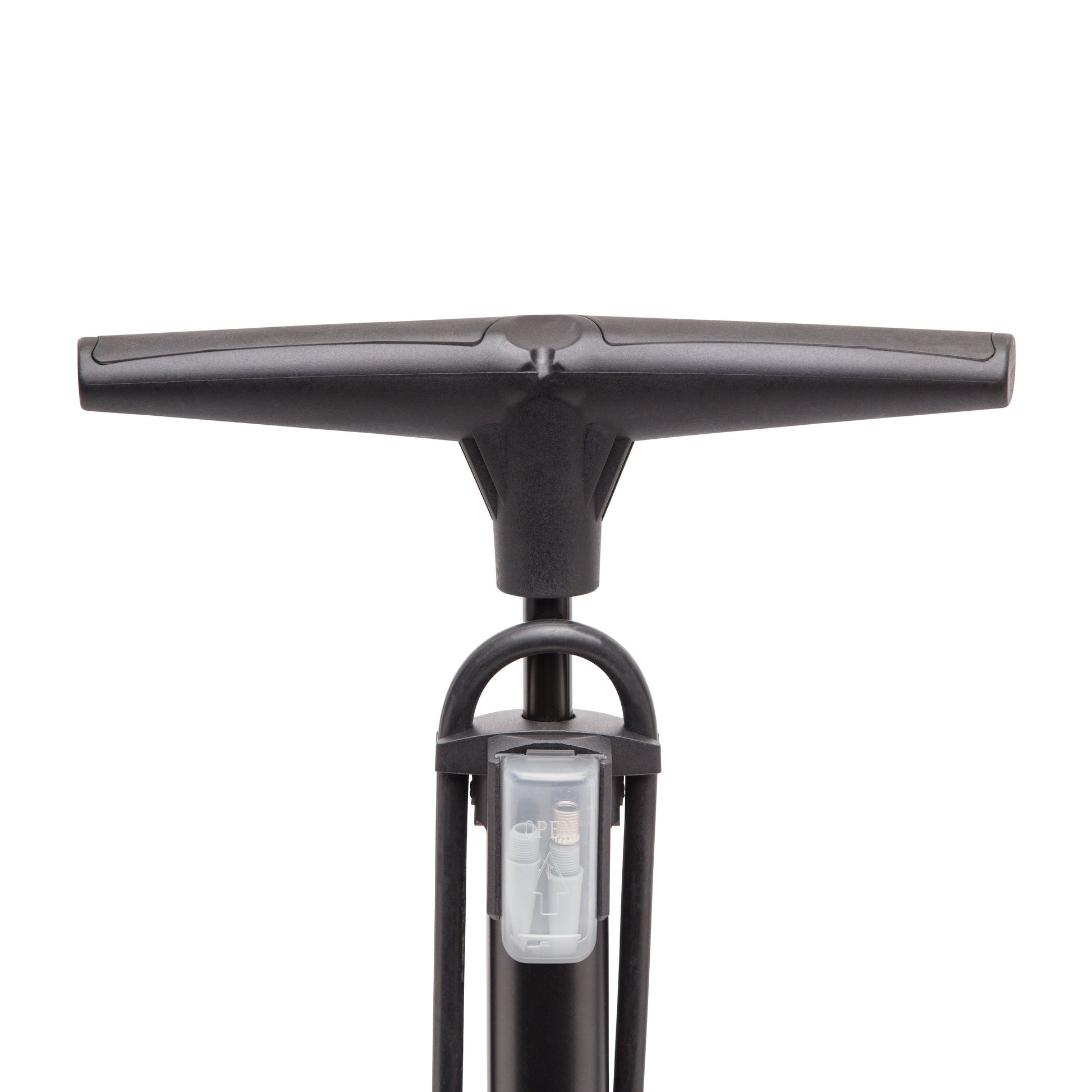 Luxorparts Cykelpumpe med trykmåler sort, T-formet håndtag, lille rum til tilbehør, close-up vinkel.