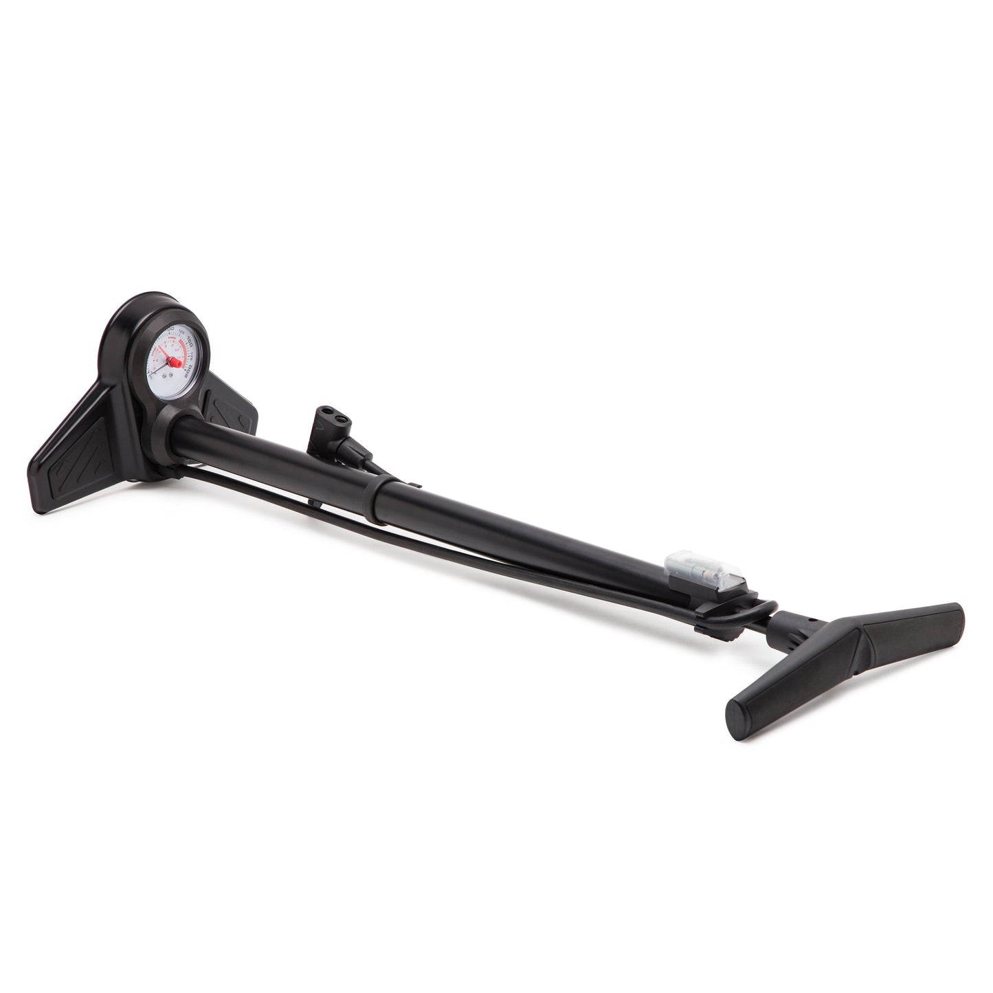 Luxorparts cykelpumpe med trykmåler, foldbare fodstøtter, T-formet håndtag, passer til Presta ventiler.