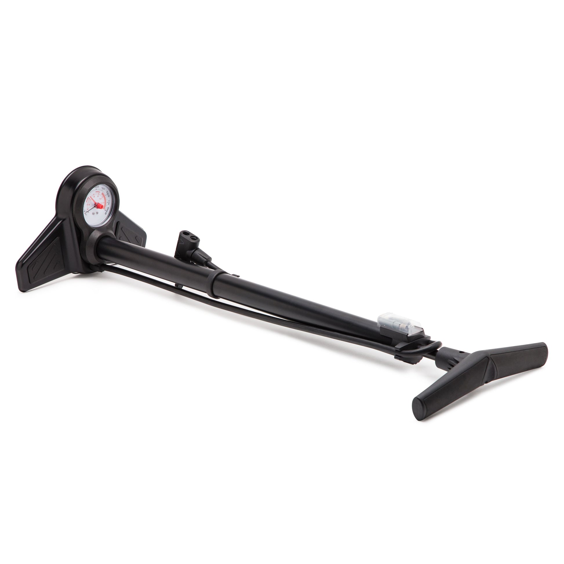 Luxorparts cykelpumpe med trykmåler, foldbare fodstøtter, T-formet håndtag, passer til Presta ventiler.