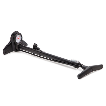 Luxorparts cykelpumpe med trykmåler, foldbare fodstøtter, T-formet håndtag, passer til Presta ventiler.