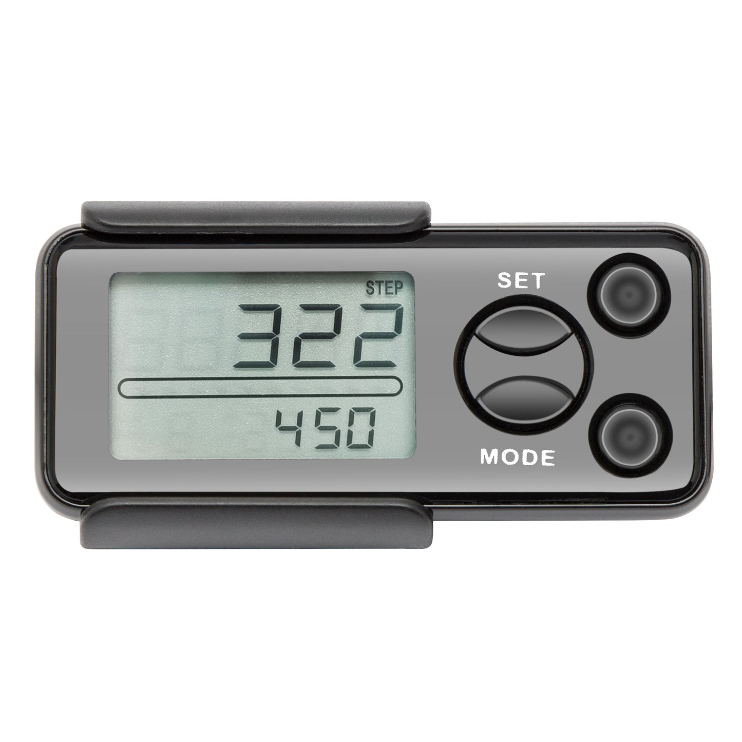 Rubicson skridttæller med bæltespænde, viser 322 og 450 på display, to knapper SET/MODE til højre.