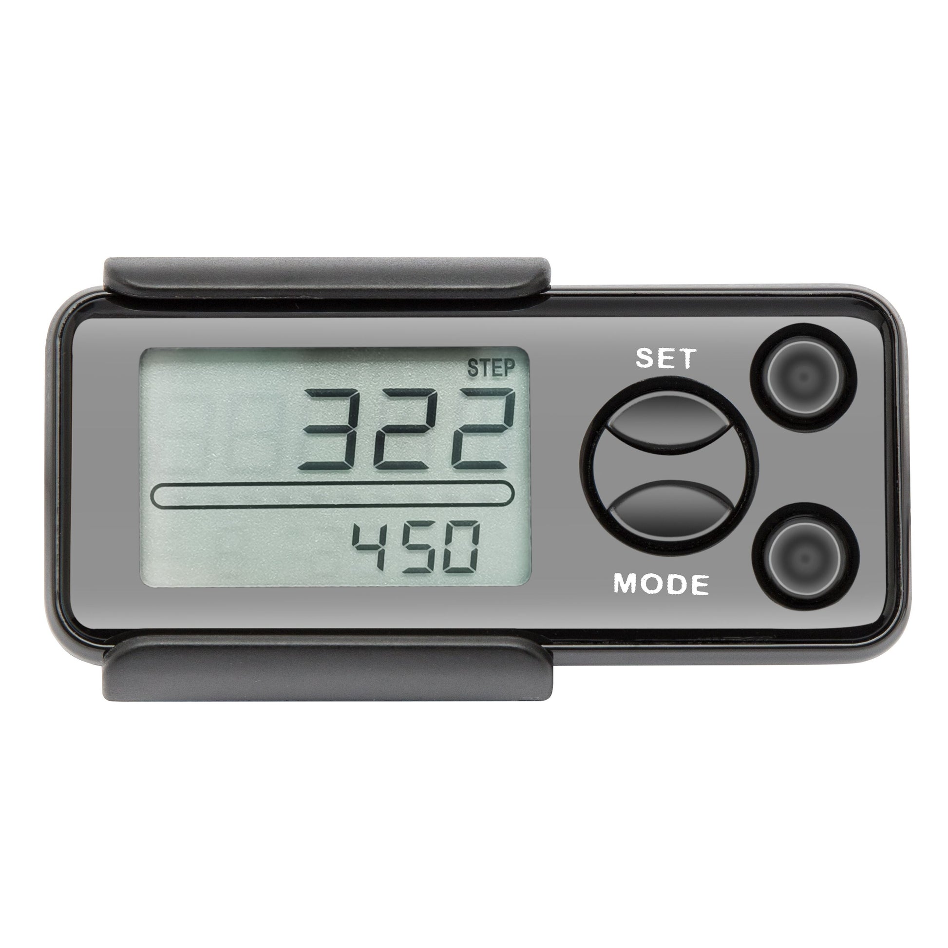 Rubicson skridttæller med bæltespænde, viser 322 og 450 på display, to knapper SET/MODE til højre.