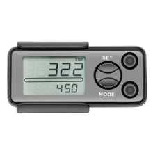 Rubicson skridttæller med bæltespænde, viser 322 og 450 på display, to knapper SET/MODE til højre.