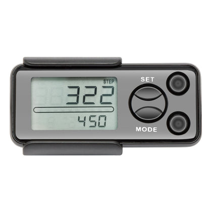Rubicson skridttæller med bæltespænde, viser 322 og 450 på display, to knapper SET/MODE til højre.