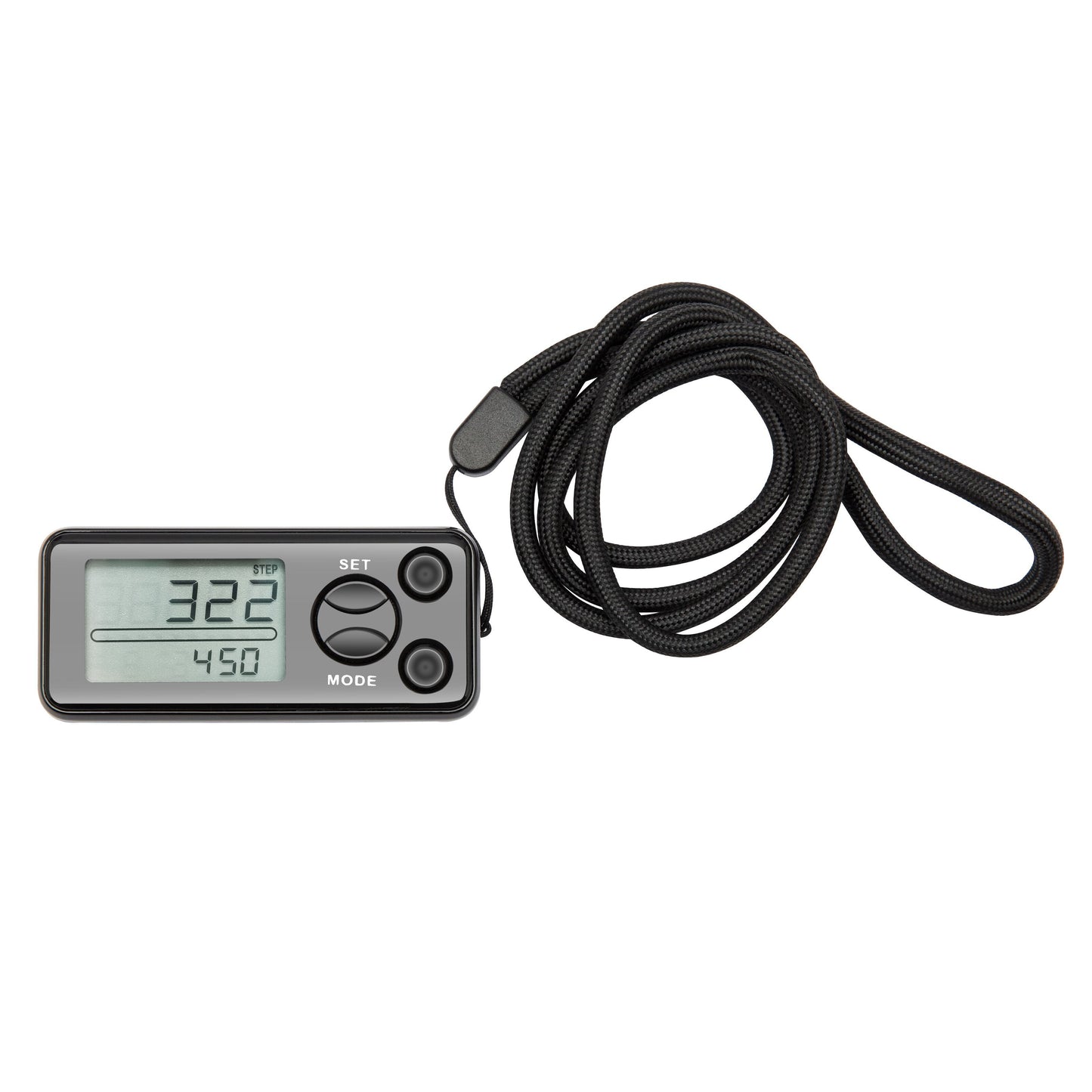 Rubicson skridttæller med bæltespænde, sort rem, to runde Set/Mode-knapper, display viser 3:22 og 4:50.