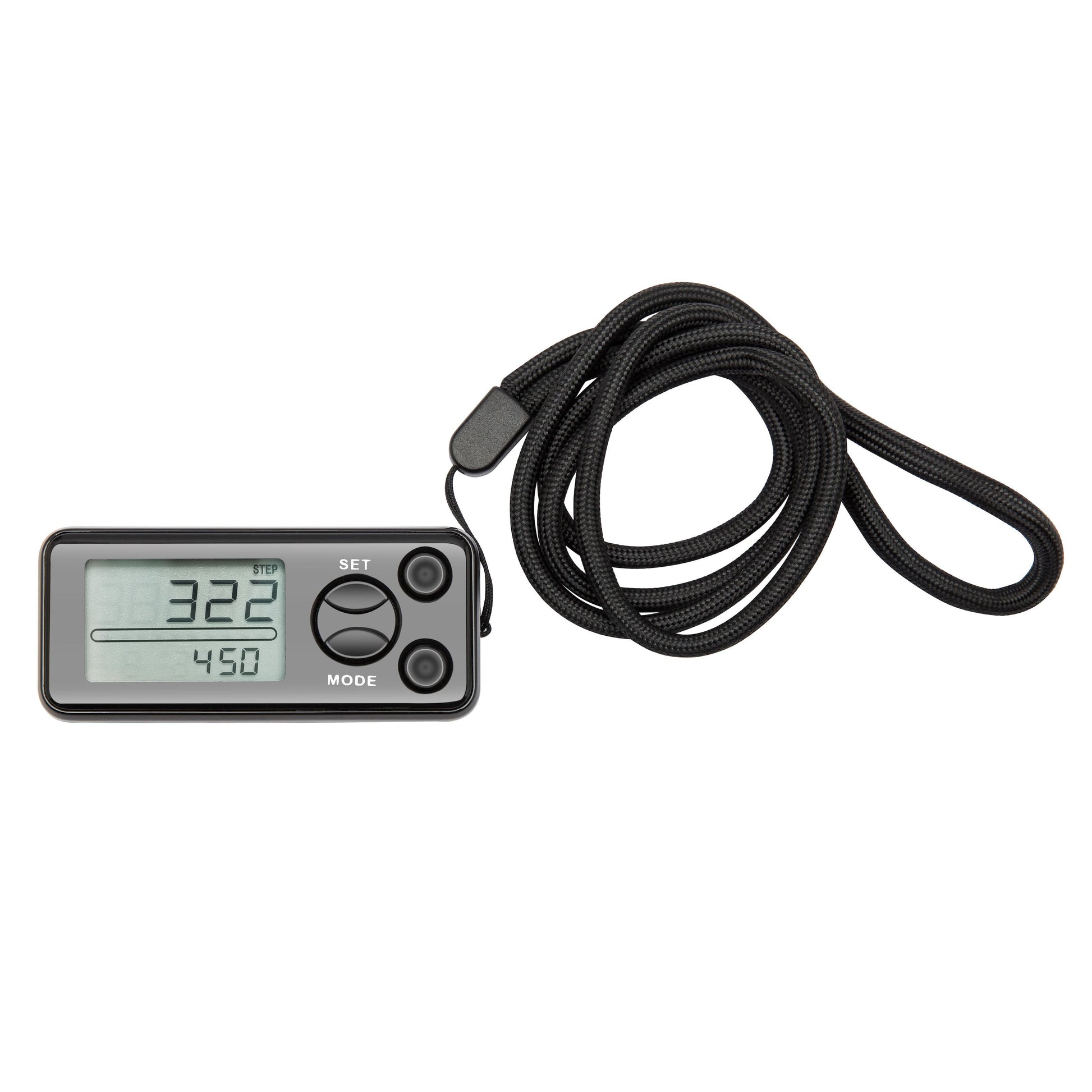 Rubicson skridttæller med bæltespænde, sort rem, to runde Set/Mode-knapper, display viser 3:22 og 4:50.