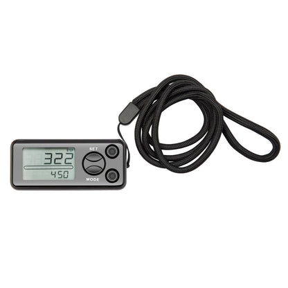 Rubicson skridttæller med bæltespænde, sort rem, to runde Set/Mode-knapper, display viser 3:22 og 4:50.