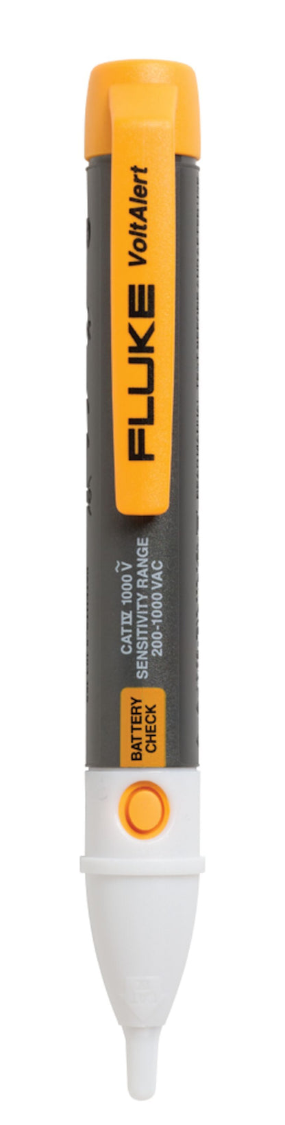 Fluke 2AC spændingstester 1000V, sort krop, gul hætte, hvide spidser, orange FLUKE-logo og BATTERY CHECK knap.