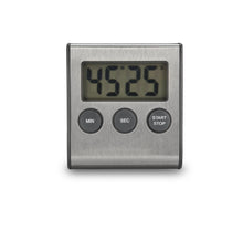 Rubicson digital køkkentimer i børstet stål, display viser 45:25, tre knapper MIN SEC START/STOP.