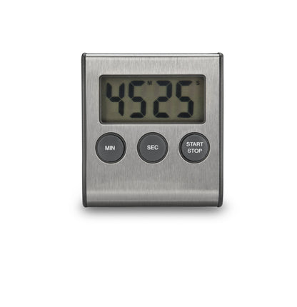 Rubicson digital køkkentimer i børstet stål, display viser 45:25, tre knapper MIN SEC START/STOP.