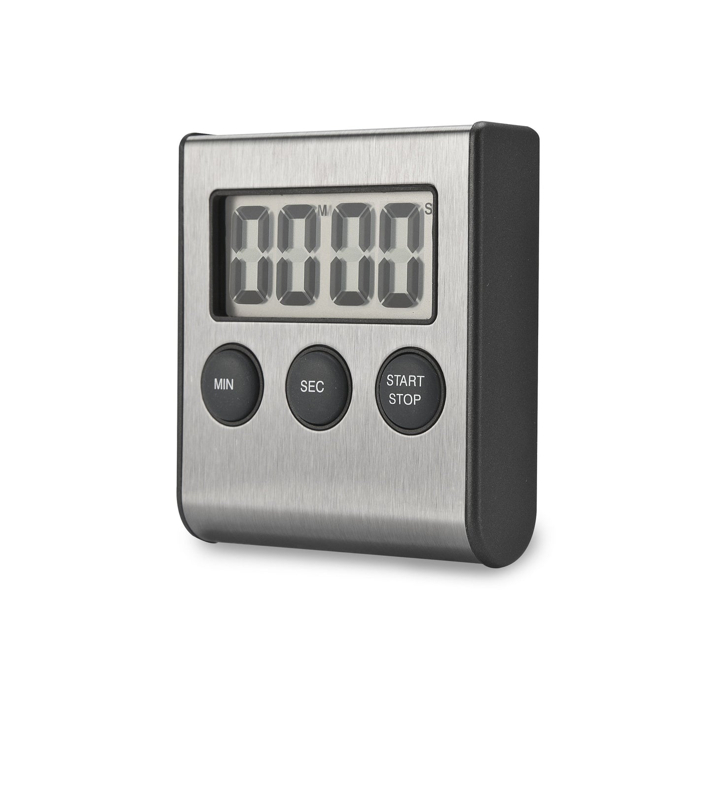 Rubicson digital køkkentimer med metalfront, sorte sider, tre knapper (MIN, SEC, START/STOP) og tydeligt 00:00:00 display.