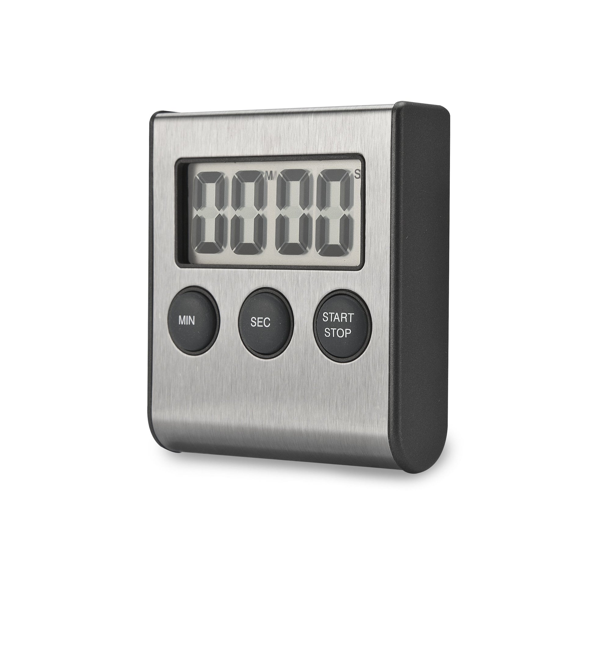 Rubicson digital køkkentimer med metalfront, sorte sider, tre knapper (MIN, SEC, START/STOP) og tydeligt 00:00:00 display.