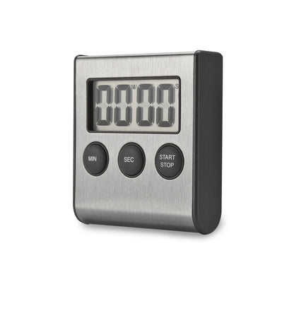Rubicson digital køkkentimer med metalfront, sorte sider, tre knapper (MIN, SEC, START/STOP) og tydeligt 00:00:00 display.