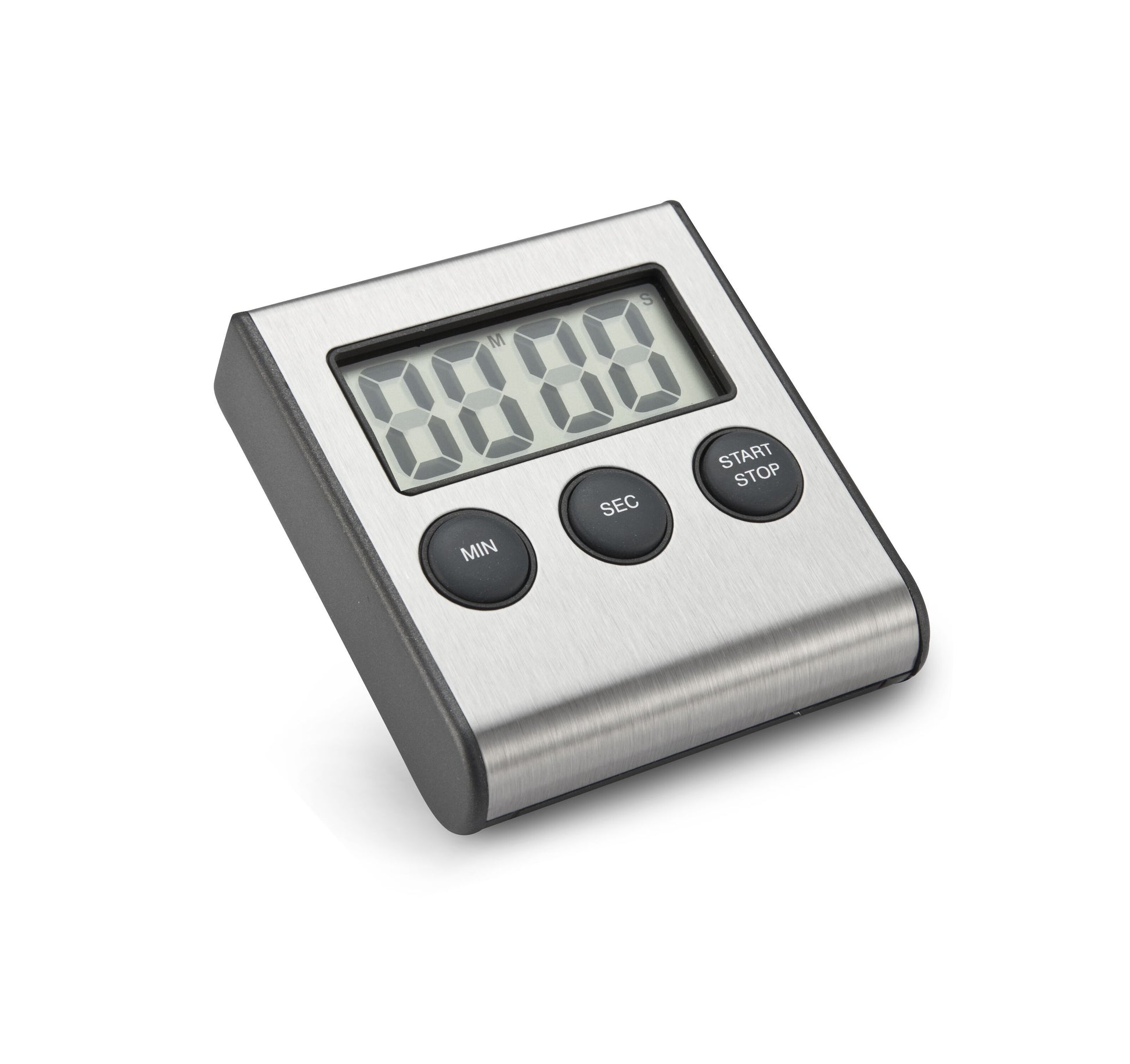 Rubicson digital køkkentimer med front i rustfrit stål, tre slags knapper (MIN, SEC, START/STOP) og stor LCD-skærm 00:00.