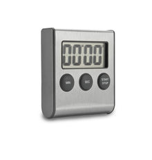 Rubicson digital køkkentimer med stålfront, tydeligt 00:00 display og tre knapper: MIN, SEK, START/STOP.