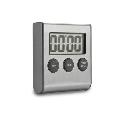 Rubicson digital køkkentimer med stålfront, tydeligt 00:00 display og tre knapper: MIN, SEK, START/STOP.