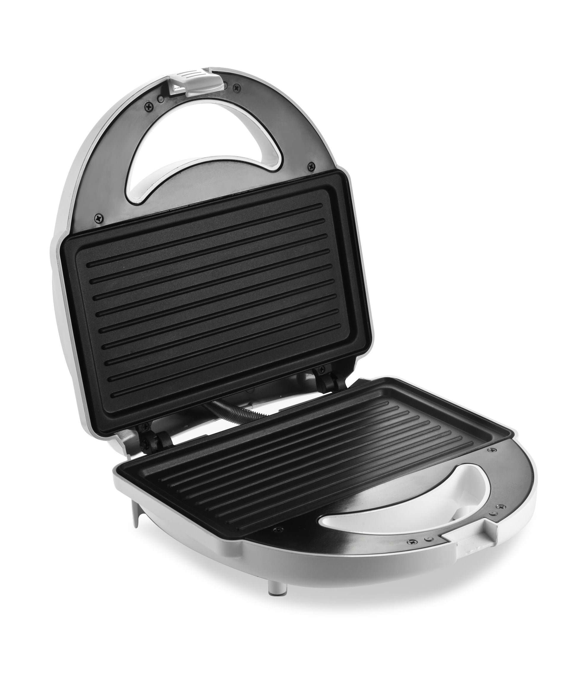 Rubicson Smørrebrødsgrill med nonstick rillede plader, topgreb og sølvfarve til brug på flade underlag.