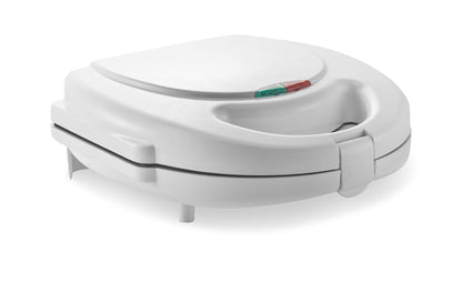 Rubicson Smørrebrødsgrill hvid elektrisk toastgrill med indikatorlys, non-stick belægning, fire ben, lukket position.