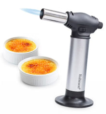 Rubicson Crème brûlée brænder med justerbar flamme og butangas foran til karamelliserede crème brûlée ramekiner.