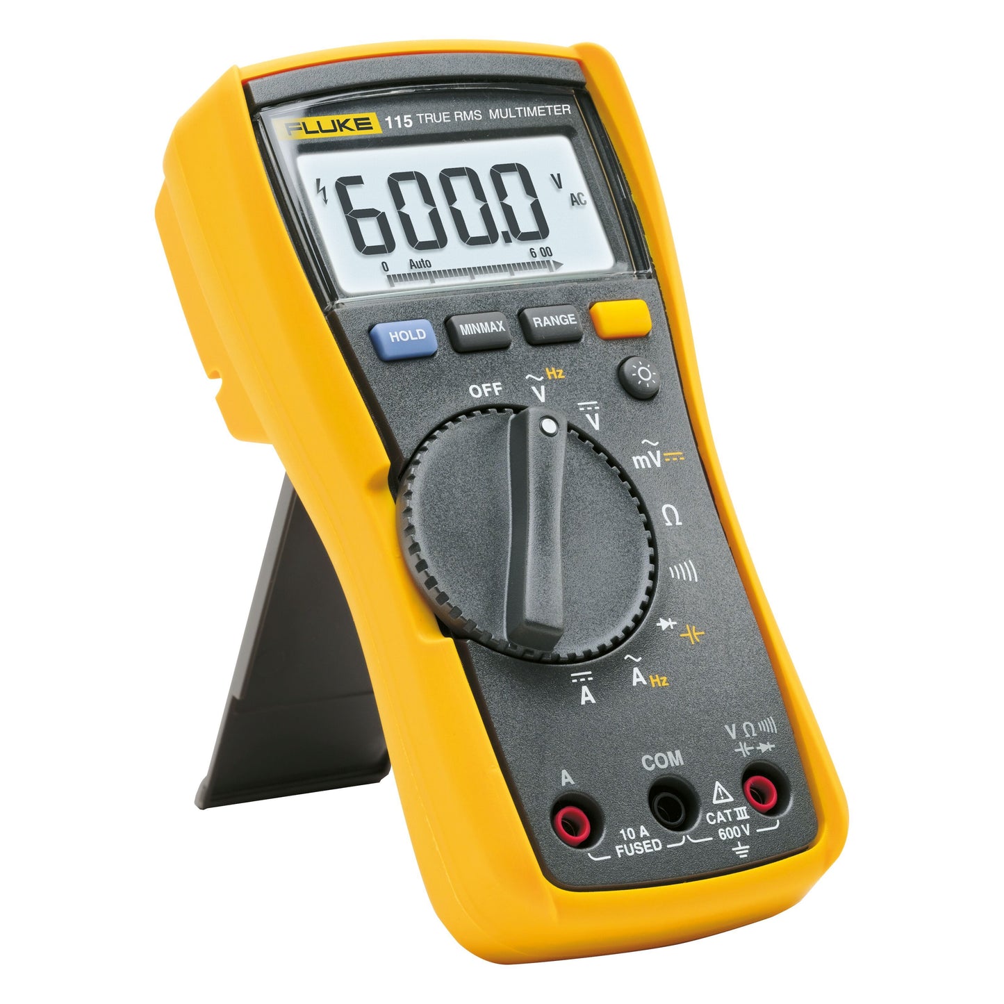 Fluke 115 digital multimeter i gul/sort, stor skærm med 600.0 visning, drejeknap og støtteben, True RMS.