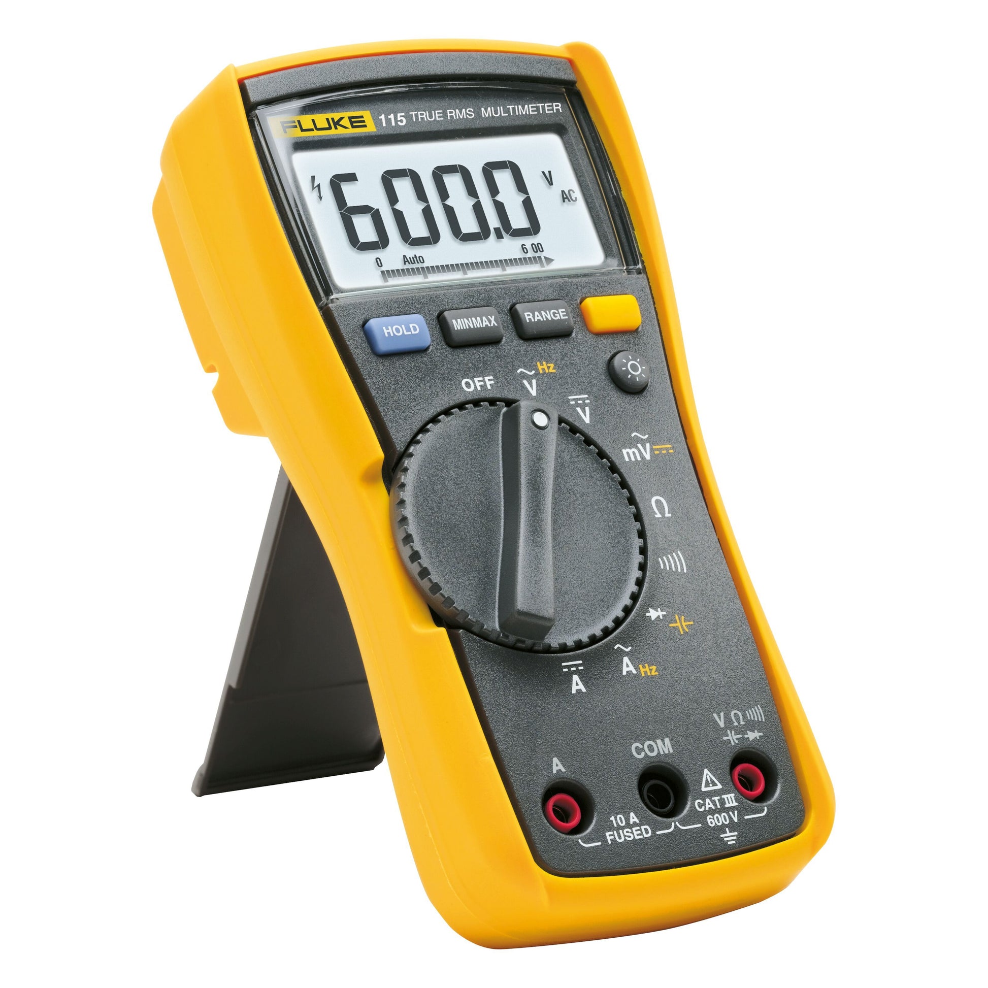 Fluke 115 digital multimeter i gul/sort, stor skærm med 600.0 visning, drejeknap og støtteben, True RMS.