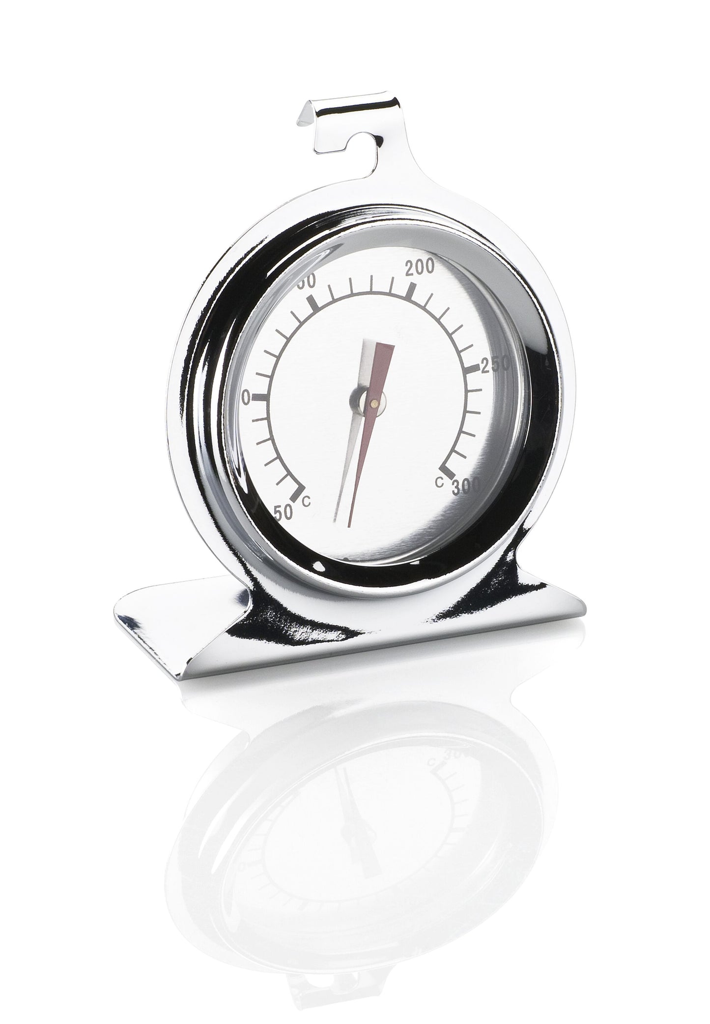 Analogt ovntermometer i rustfrit stål med krog og stativ, viser ca. 160°C, lad refleksion under termometeret.