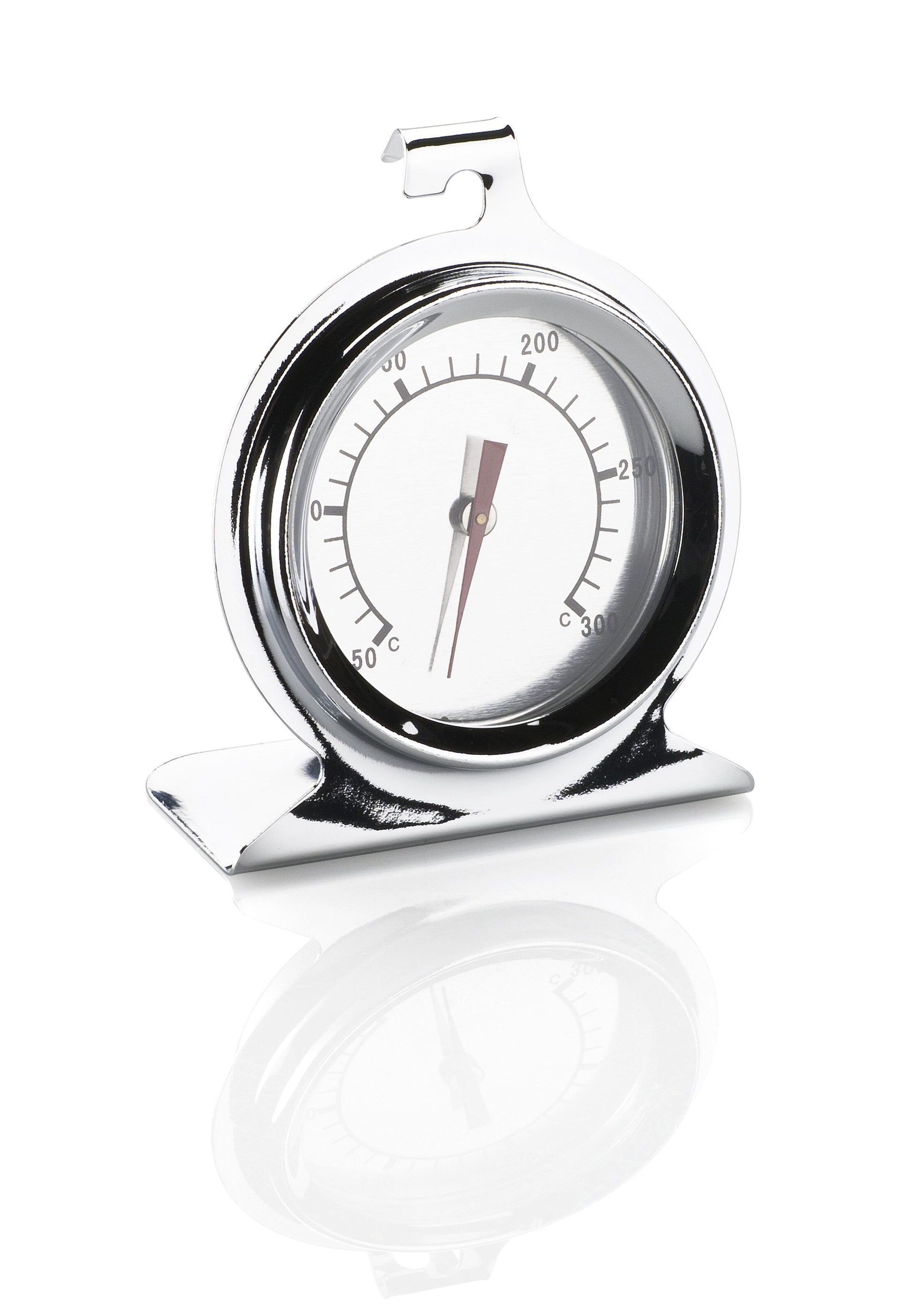 Analogt ovntermometer i rustfrit stål med krog og stativ, viser ca. 160°C, lad refleksion under termometeret.
