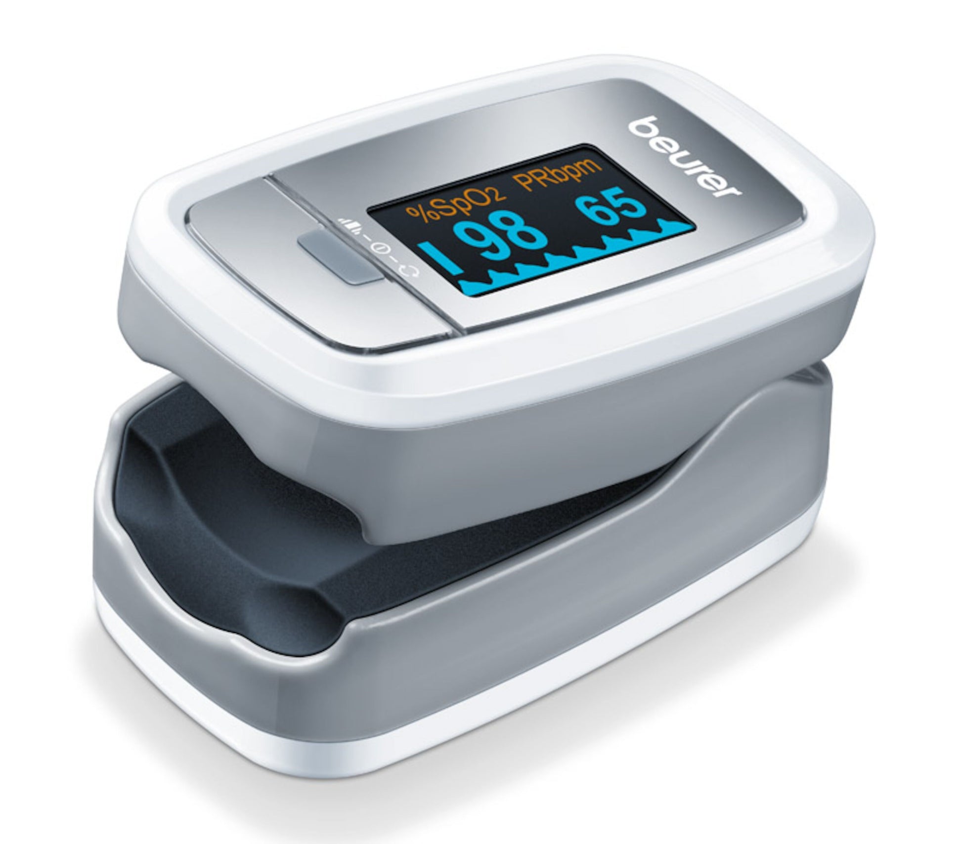 Beurer PO30 pulsoximeter til finger hvid/grå viser SpO2 98 og puls 65 bpm på displayet.