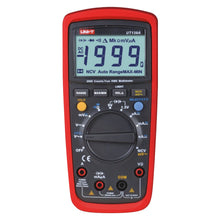 Uni-T UT139A multimeter med rød kant, display viser 1999, autorange, flere knapper og central målevælger.