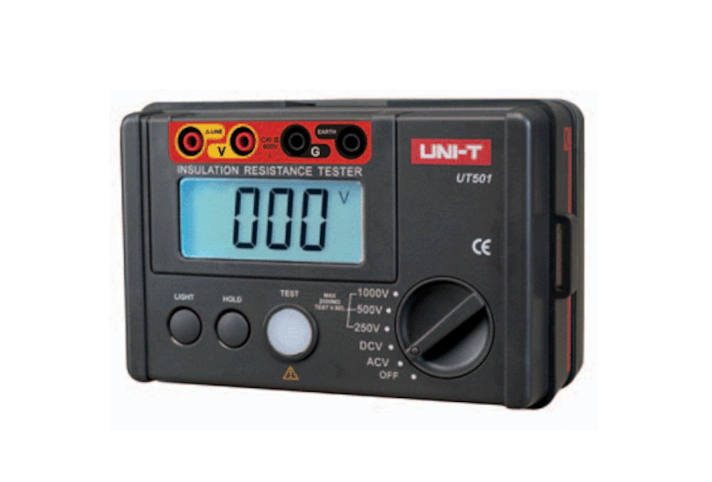 UNI-T UT501A digital isolationsmåler til el-tavler med display, knapper, drejeknap, indgangsterminaler og modelnavn front.