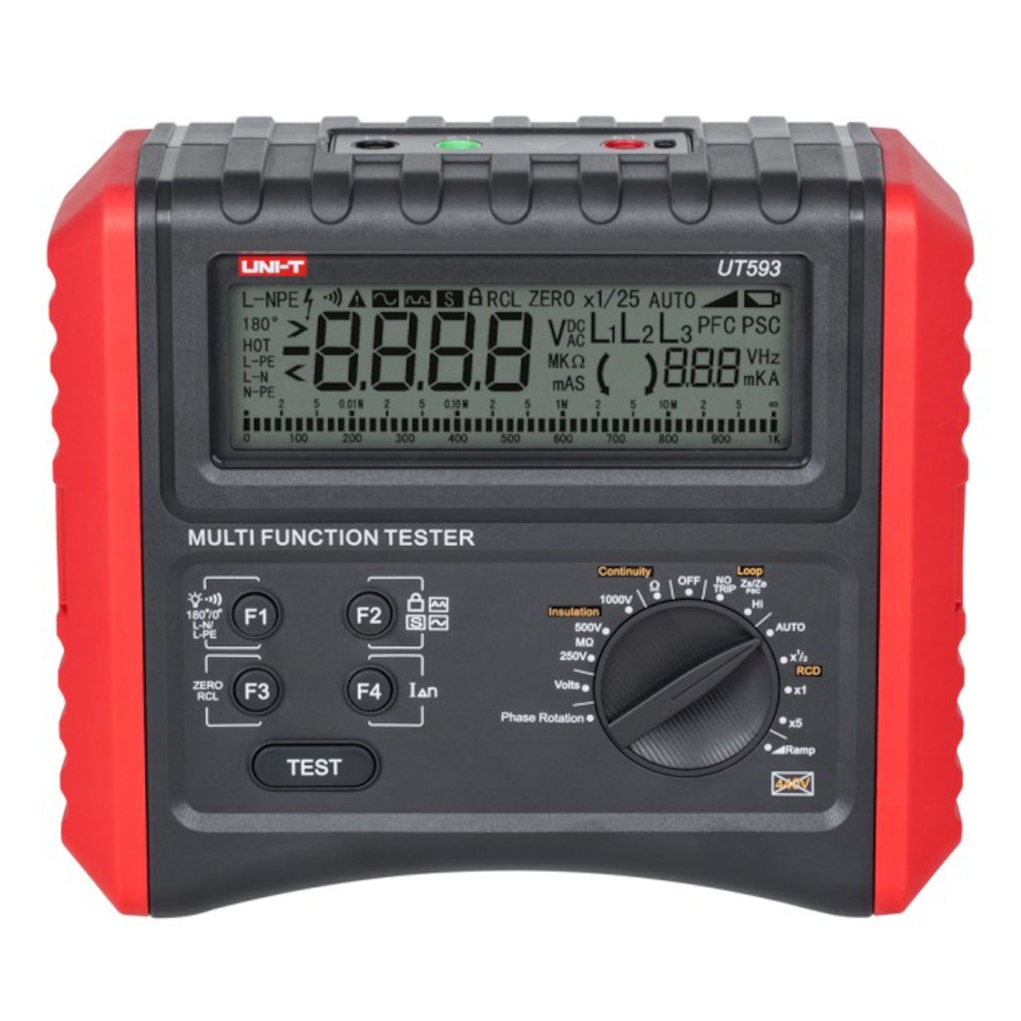 Uni-T UT593 installationstester, rød/sort kabinet, digitalt display, drejehjul til valg af sikkerhedstest.