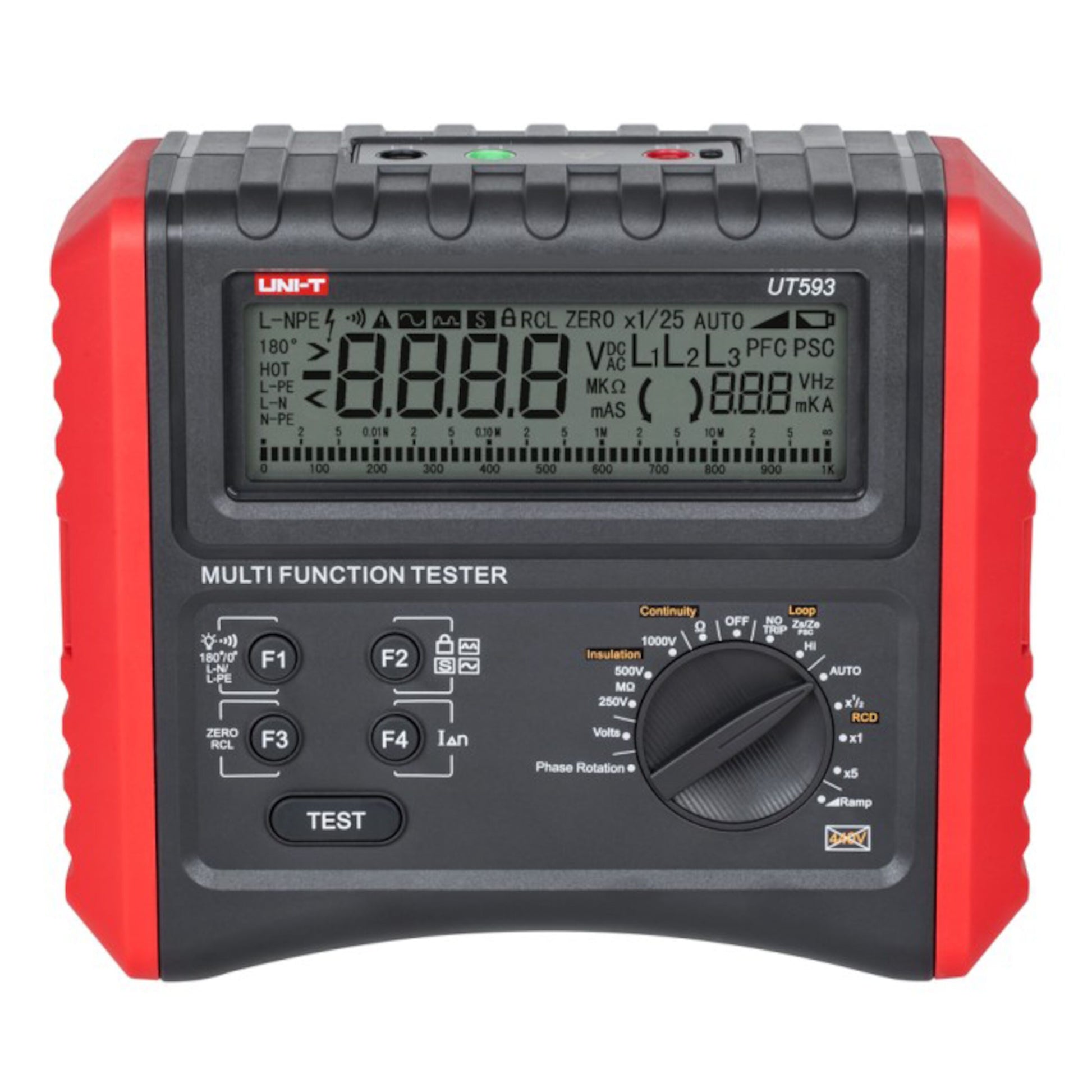 Uni-T UT593 installationstester, rød/sort kabinet, digitalt display, drejehjul til valg af sikkerhedstest.