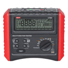 Uni-T UT593 installationstester, rød/sort kabinet, digitalt display, drejehjul til valg af sikkerhedstest.