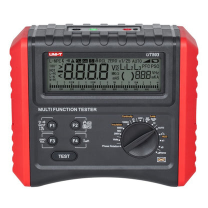 Uni-T UT593 installationstester, rød/sort kabinet, digitalt display, drejehjul til valg af sikkerhedstest.
