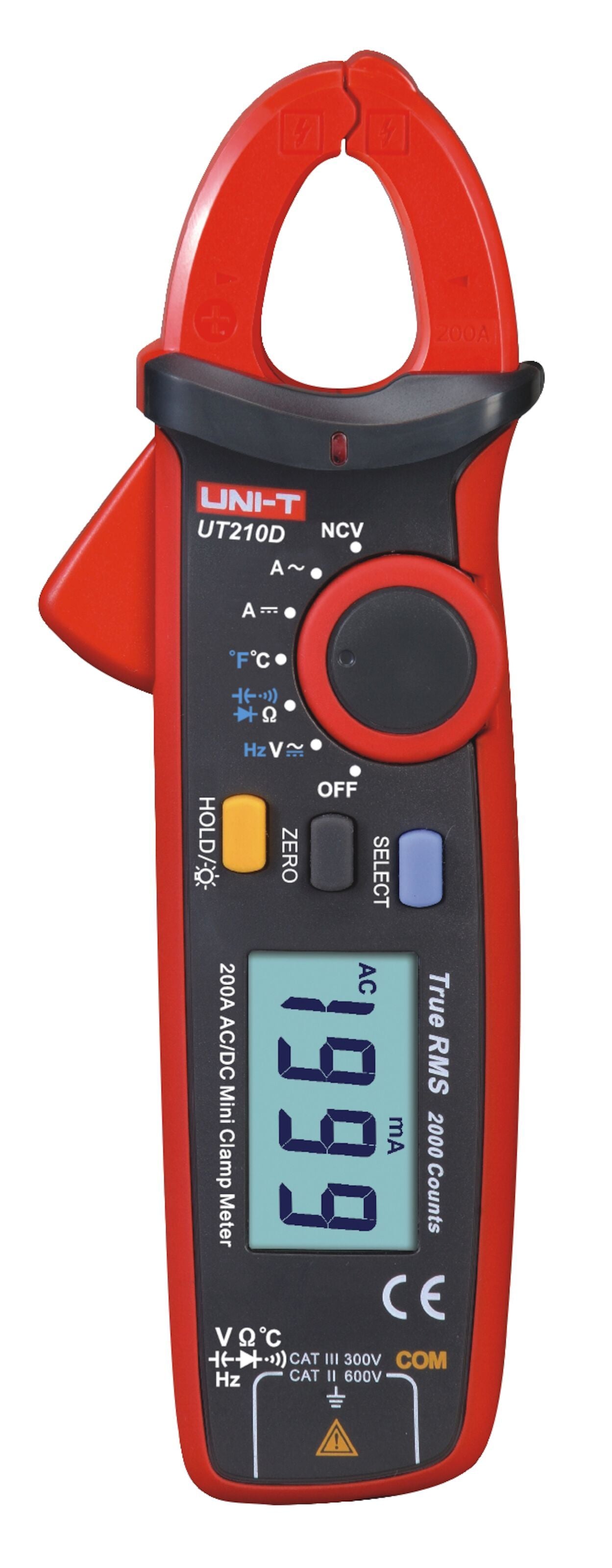 Uni-T UT210D tangmultimeter AC/DC 200A med True RMS, digitalt display viser 199,9 mA og måleikoner.