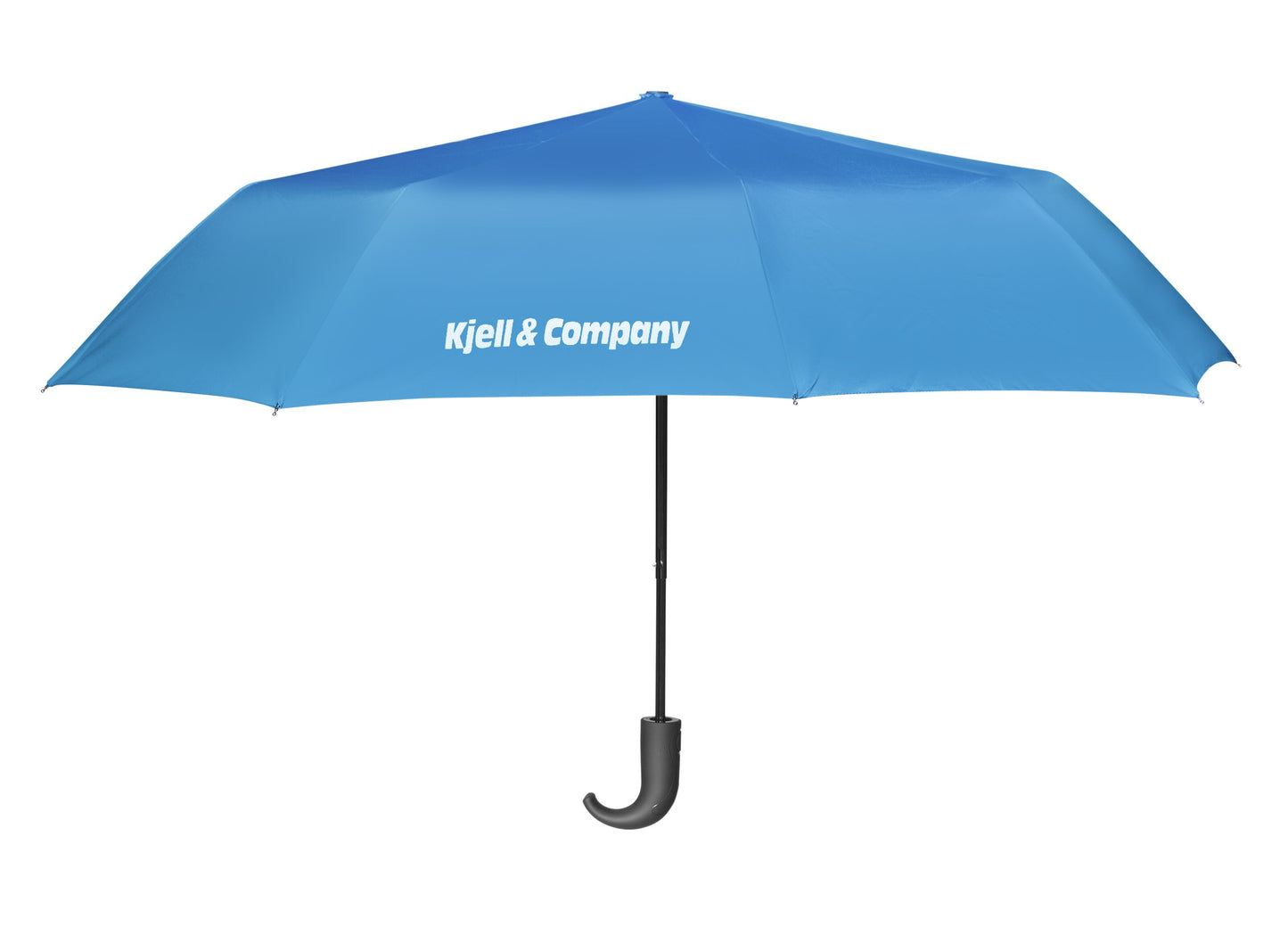 Stormsikker blå paraply fra Kjell, sort buet håndtag, hvidt "Kjell  Company"-logo på panelet.