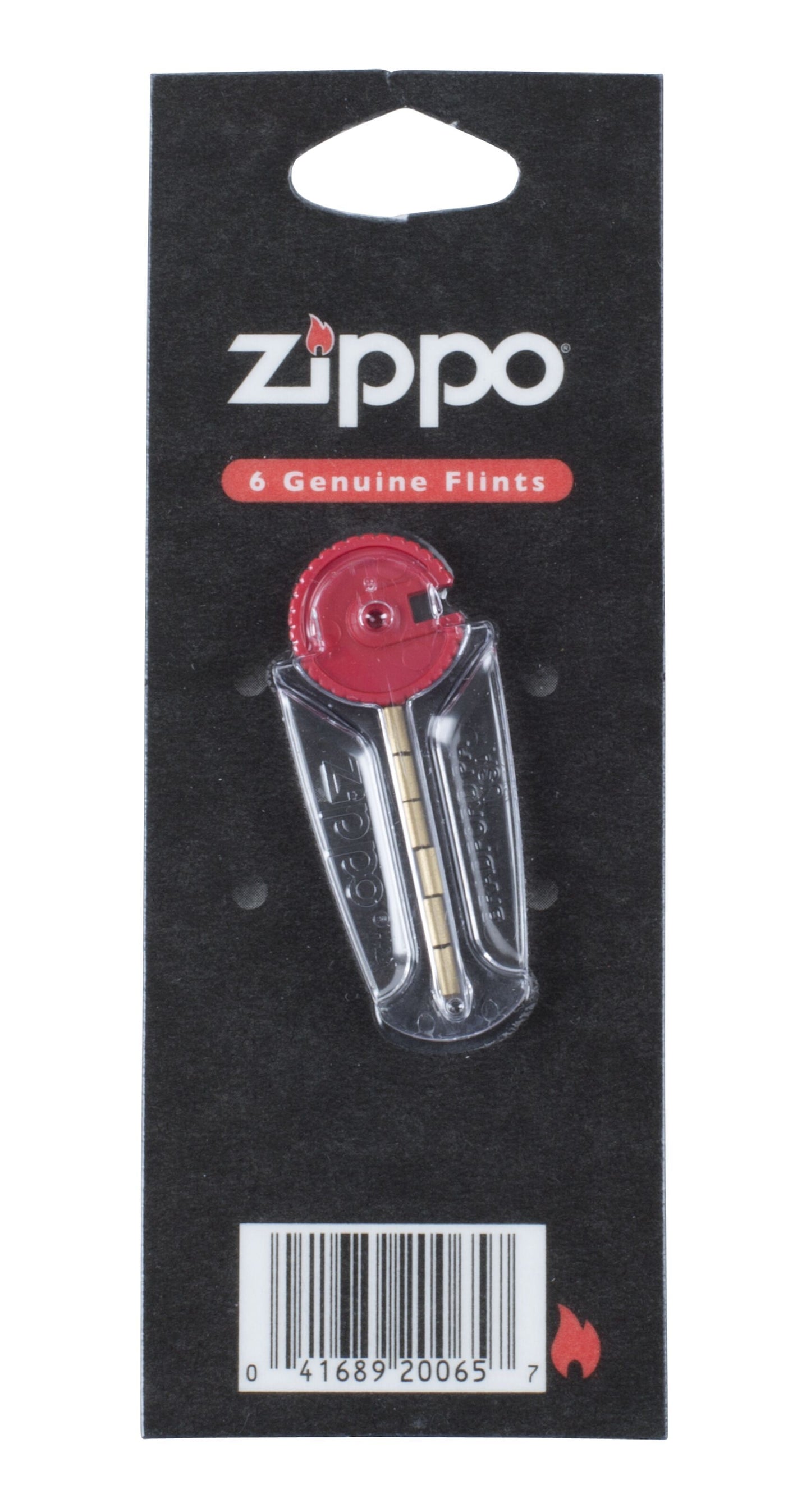 Zippo Lighter flints 6-pack i rød dispenser på sort kort med Zippo logo øverst og stregkode nederst.