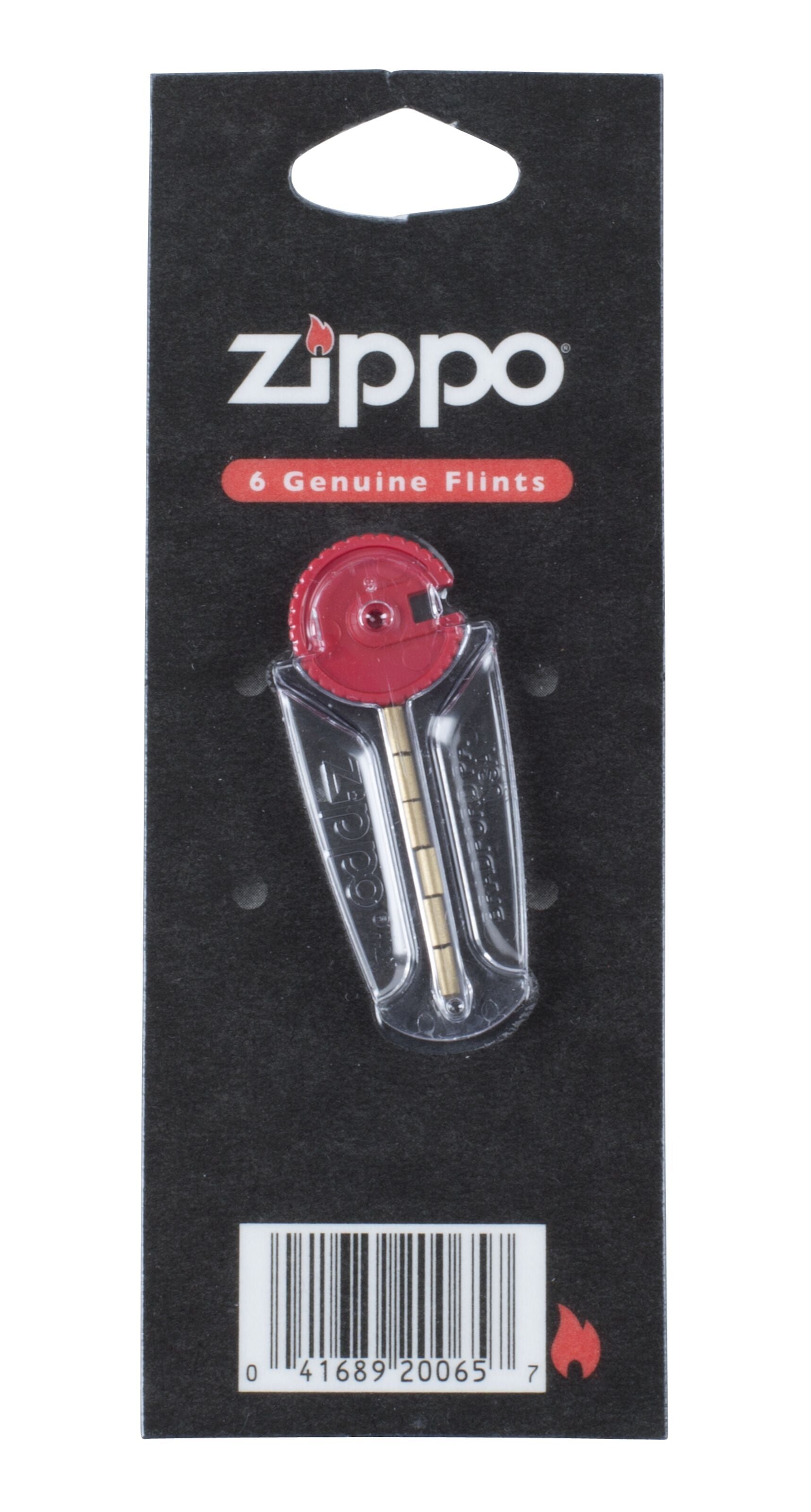 Zippo Lighter flints 6-pack i rød dispenser på sort kort med Zippo logo øverst og stregkode nederst.