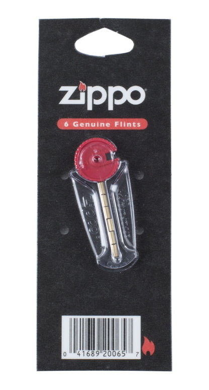 Zippo Lighter flints 6-pack i rød dispenser på sort kort med Zippo logo øverst og stregkode nederst.