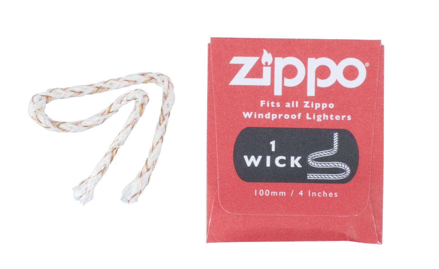 Zippo Lunte 100mm hvid flettet væge ved siden af rød pakke med tekst Passer til alle Zippo Windproof Lighters 1 Wick.
