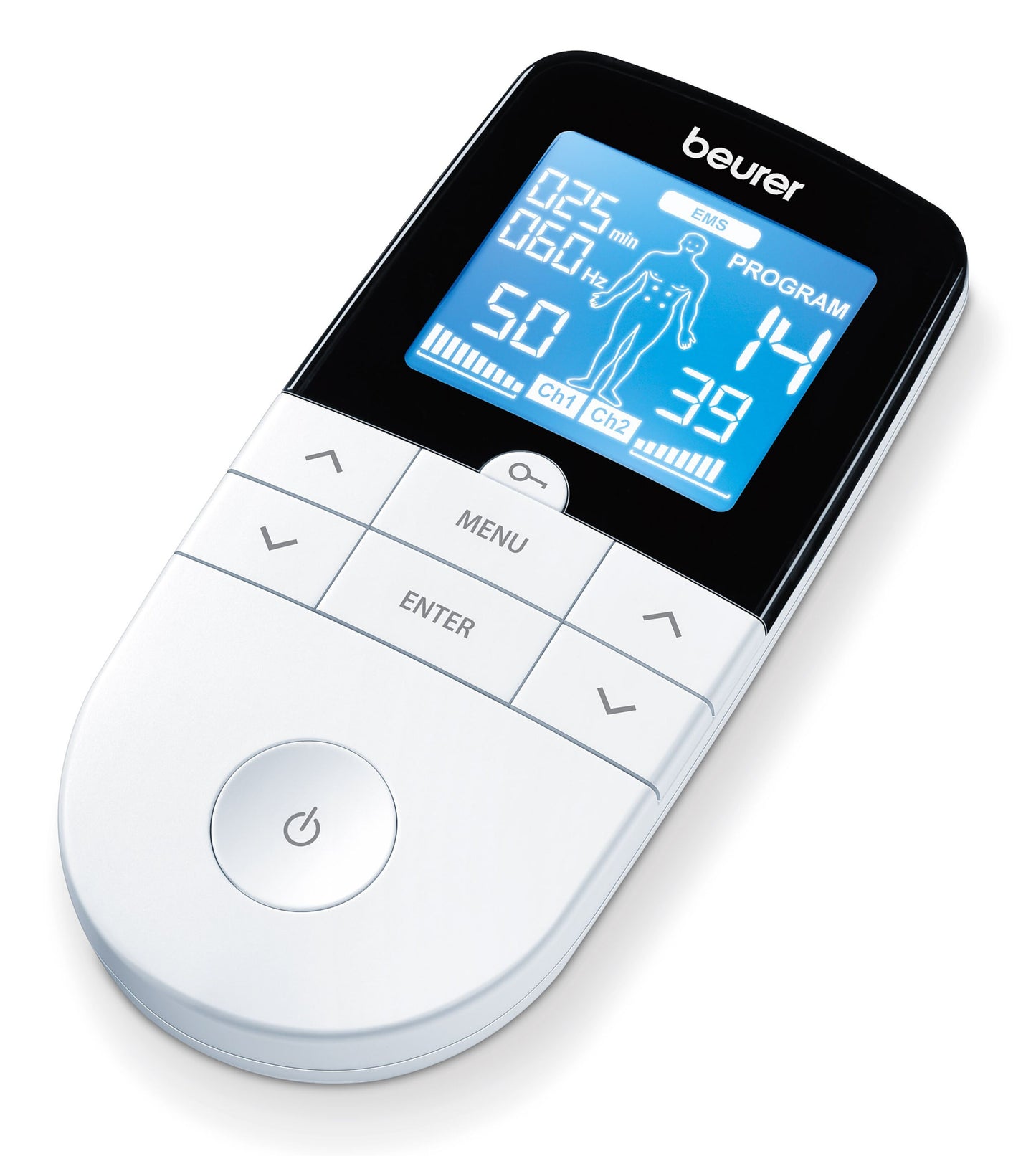 Beurer EM49 TENS muskelstimulator hvid, 4 elektrodeplader, digitalt display med måledata og kropsdiagram.