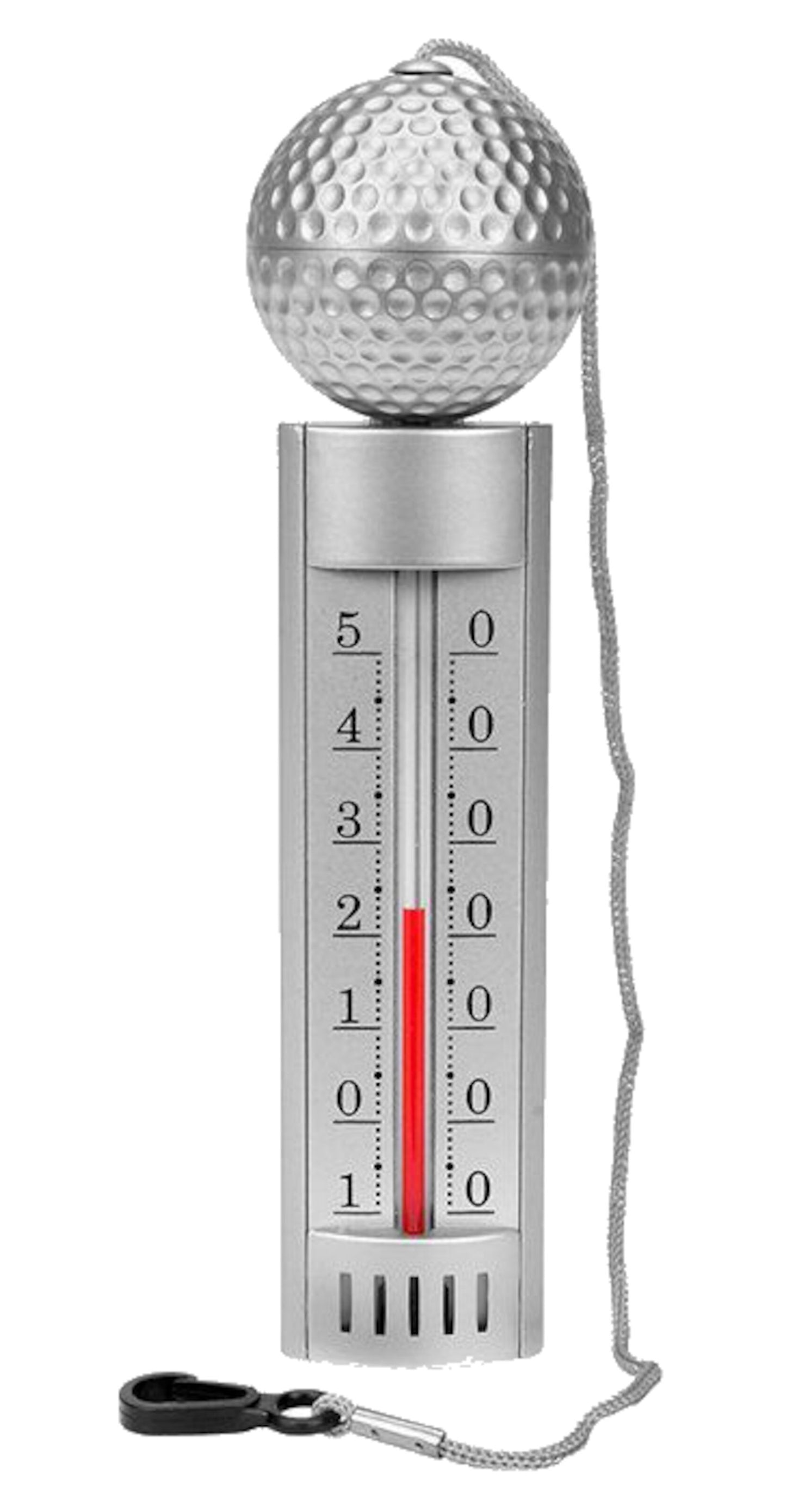 Analogt pooltermometer sølv med golfbold-top, rød indikator, vertikal skala -30 til 50°C, clips og kæde.