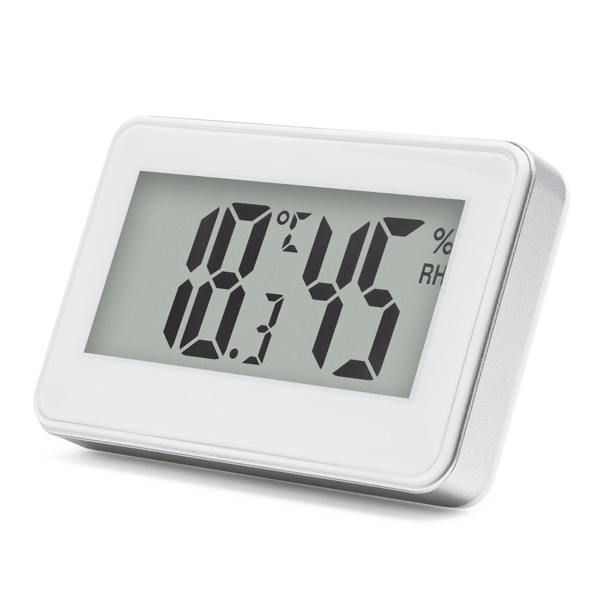 Digitalt termometer og hygrometer til indeklima, måler 18,7°C og 45% luftfugtighed, hvid ramme, klart LCD-display.