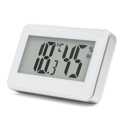 Digitalt termometer og hygrometer til indeklima, måler 18,7°C og 45% luftfugtighed, hvid ramme, klart LCD-display.