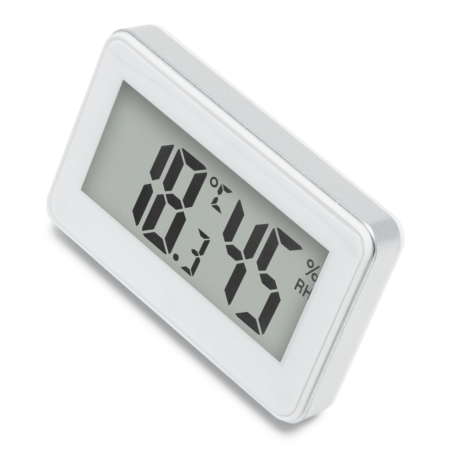 Digitalt termometer og hygrometer med hvid ramme, 45 % luftfugtighed og 18,2 °C vises på rektangulært display.