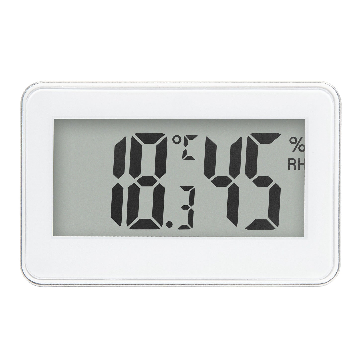 Digitalt termometer og hygrometer med stor LCD-skærm, viser 18,3°C og 45% luftfugtighed, hvid model.